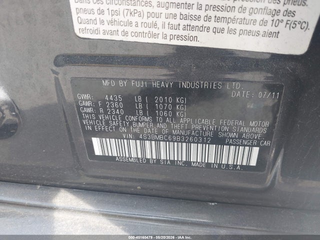 2011 Subaru Legacy 2.5i Premium მანქანა იყიდება აუქციონზე, vin: 4S3BMBC69B3260312, აუქციონის ნომერი: 45160479