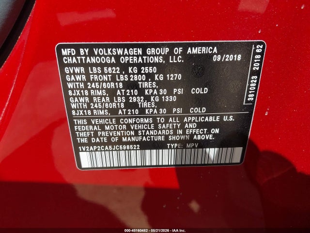 Aukcja sprzedaży 2018 Volkswagen Atlas 2.0t S, vin: 1V2AP2CA5JC598522, numer aukcji: 45160482