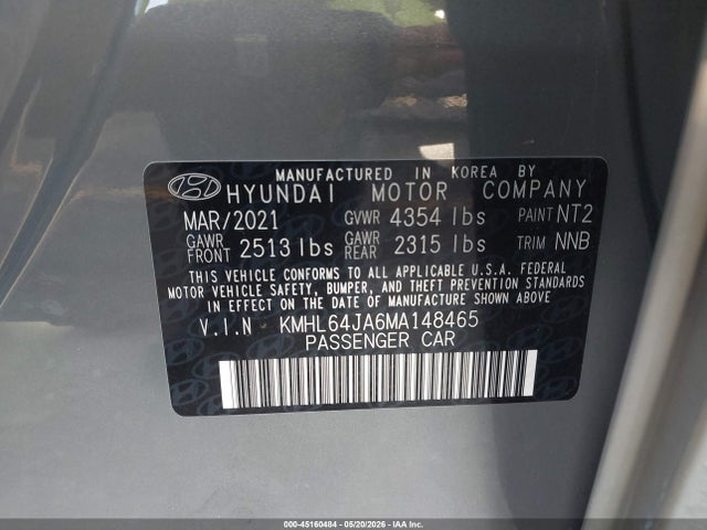 2021 Hyundai Sonata Sel მანქანა იყიდება აუქციონზე, vin: KMHL64JA6MA148465, აუქციონის ნომერი: 45160484