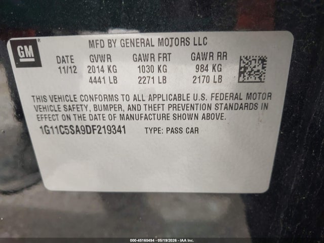 Продаж на аукціоні авто 2013 Chevrolet Malibu 1lt, vin: 1G11C5SA9DF219341, номер лоту: 45160494