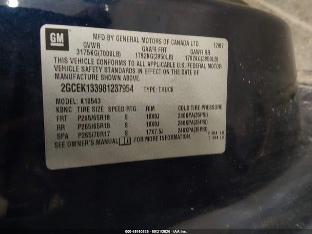 Продаж на аукціоні авто 2008 Chevrolet Silverado 1500 Lt1, vin: 2GCEK133981237954, номер лоту: 45160526