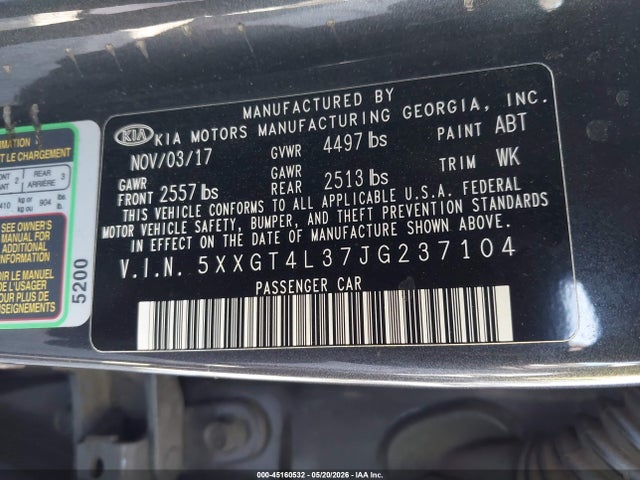 2018 Kia Optima S მანქანა იყიდება აუქციონზე, vin: 5XXGT4L37JG237104, აუქციონის ნომერი: 45160532