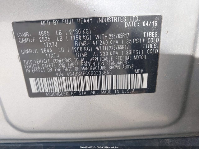 Aukcja sprzedaży 2016 Subaru Outback 2.5i Premium, vin: 4S4BSAFC6G3333656, numer aukcji: 45160537