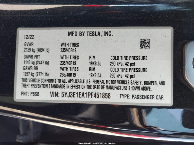 Tesla Model 3 Rear-wheel Drive 2023 5YJ3E1EA1PF451858 Image 9