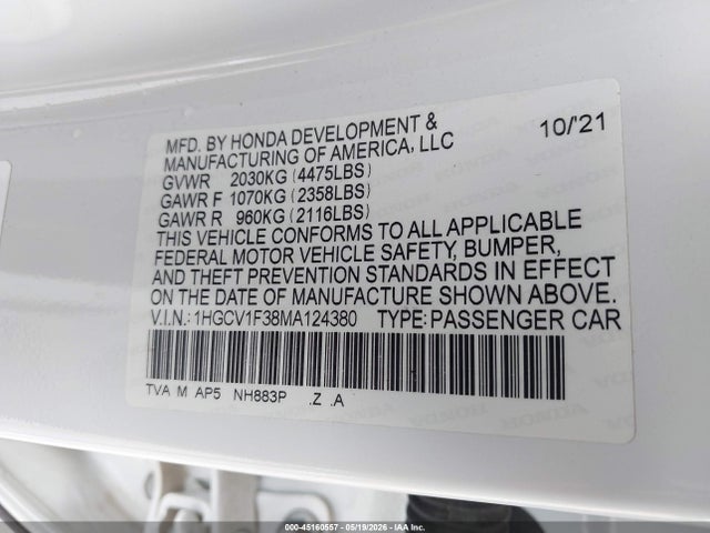1HGCV1F38MA124380 Honda Accord Sport