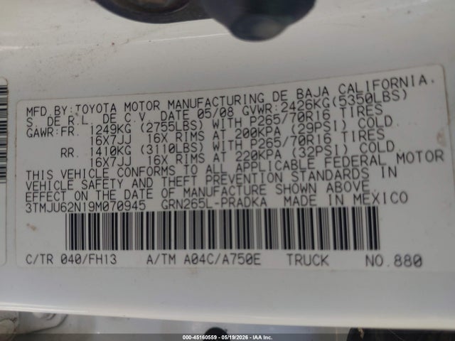 Продаж на аукціоні авто 2009 Toyota Tacoma Prerunner V6, vin: 3TMJU62N19M070945, номер лоту: 45160559