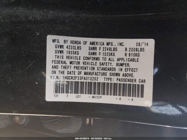 Продажа на аукционе авто 2015 Honda Accord Lx, vin: 1HGCR2F33FA010252, номер лота: 45160570