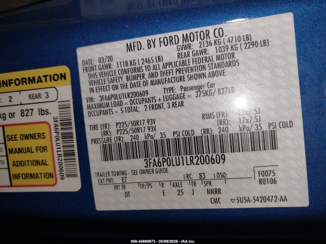 45160573 :رقم المزاد ، 3FA6P0LU1LR200609 vin ، 2020 Ford Fusion Hybrid Se مزاد بيع