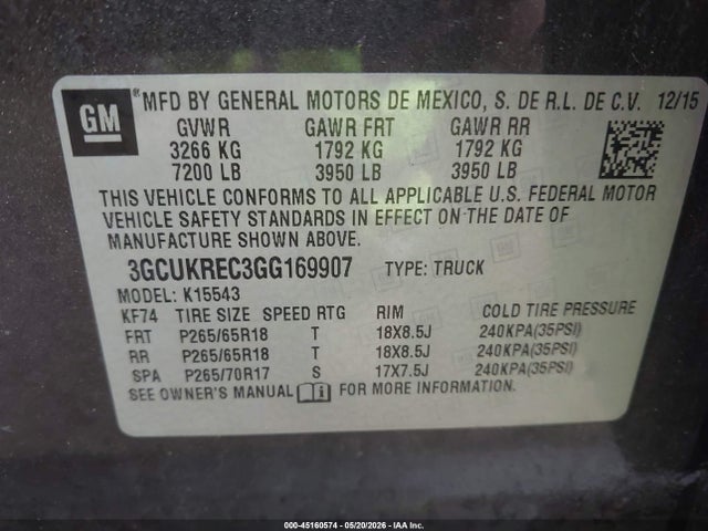 Продажа на аукционе авто 2016 Chevrolet Silverado 1500 1lt, vin: 3GCUKREC3GG169907, номер лота: 45160574