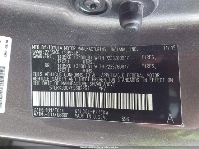 2015 Toyota Sienna Le 8 Passenger მანქანა იყიდება აუქციონზე, vin: 5TDKK3DC7FS682261, აუქციონის ნომერი: 45160581