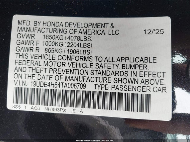 45160584 :رقم المزاد ، 19UDE4H64TA006709 vin ، 2026 Acura Integra Fwd A-spec With Technology مزاد بيع