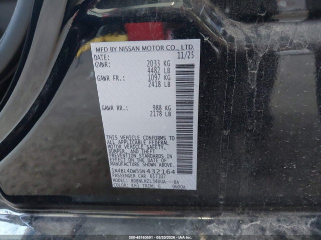 Продажа на аукционе авто 2025 Nissan Altima Sv Awd, vin: 1N4BL4DW5SN432164, номер лота: 45160591