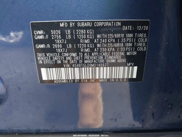 45160598 :رقم المزاد ، 4S4BTGLD0M3145577 vin ، 2021 Subaru Outback Onyx Edition Xt مزاد بيع
