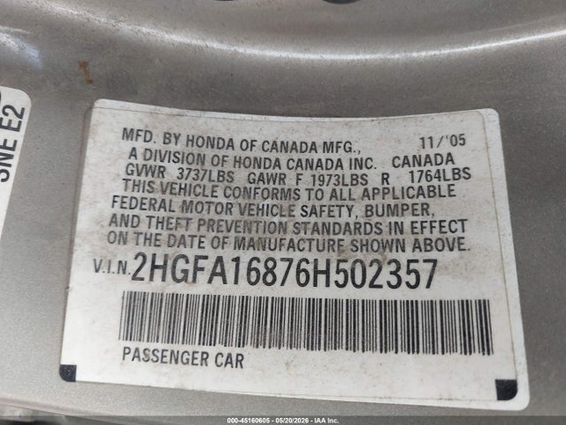 2006 Honda Civic Ex მანქანა იყიდება აუქციონზე, vin: 2HGFA16876H502357, აუქციონის ნომერი: 45160605
