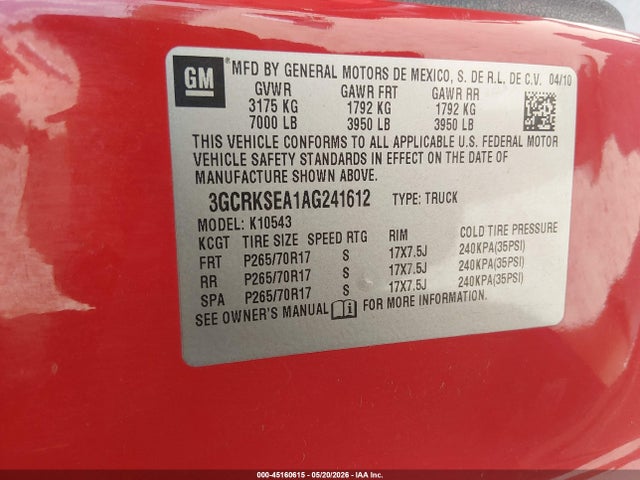 Aukcja sprzedaży 2010 Chevrolet Silverado 1500 Lt, vin: 3GCRKSEA1AG241612, numer aukcji: 45160615
