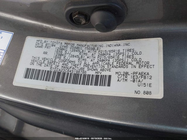 2004 Toyota Sienna Le მანქანა იყიდება აუქციონზე, vin: 5TDZA23C84S198786, აუქციონის ნომერი: 45160616