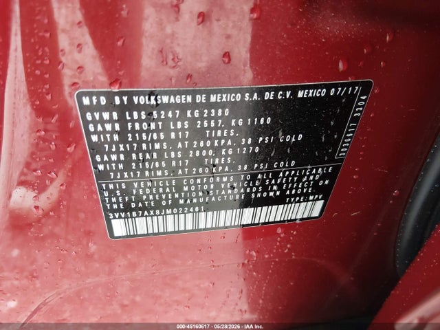 Продаж на аукціоні авто 2018 Volkswagen Tiguan 2.0t S, vin: 3VV1B7AX8JM022461, номер лоту: 45160617