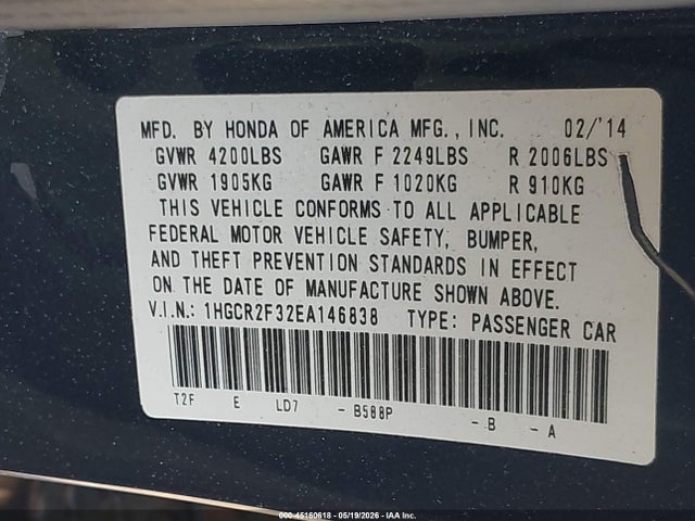 45160618 :رقم المزاد ، 1HGCR2F32EA146838 vin ، 2014 Honda Accord Lx مزاد بيع