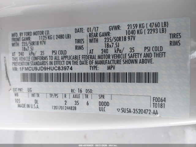 Продажа на аукционе авто 2017 Ford Escape Titanium, vin: 1FMCU9JD9HUC83974, номер лота: 45160620