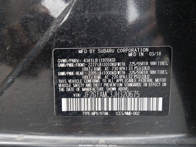 2018 Subaru Crosstrek 2.0i Limited მანქანა იყიდება აუქციონზე, vin: JF2GTAMC3JH320675, აუქციონის ნომერი: 45160631