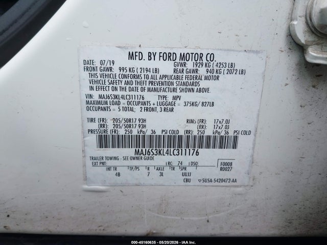 45160635 :رقم المزاد ، MAJ6S3KL4LC311176 vin ، 2020 Ford Ecosport Titanium مزاد بيع