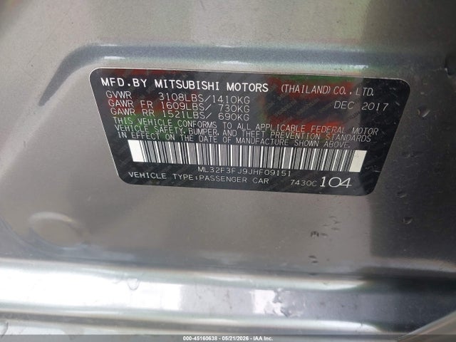 45160638 :رقم المزاد ، ML32F3FJ9JHF09151 vin ، 2018 Mitsubishi Mirage G4 Es مزاد بيع