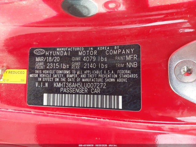 Aukcja sprzedaży 2020 Hyundai Veloster N, vin: KMHT36AH5LU007272, numer aukcji: 45160639