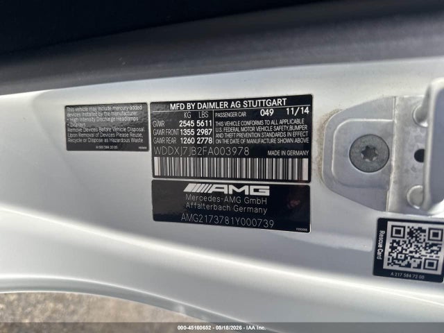 45160652 :رقم المزاد ، WDDXJ7JB2FA003978 vin ، 2015 Mercedes-benz S 63 Amg 4matic مزاد بيع