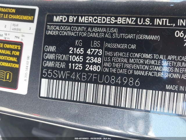 2015 Mercedes-benz C 300 4matic მანქანა იყიდება აუქციონზე, vin: 55SWF4KB7FU084986, აუქციონის ნომერი: 45160653