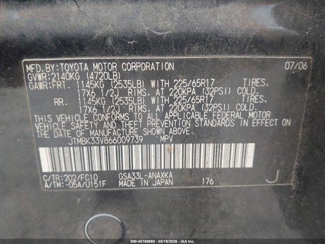Продажа на аукционе авто 2006 Toyota Rav4 Base V6, vin: JTMBK33V866009739, номер лота: 45160660
