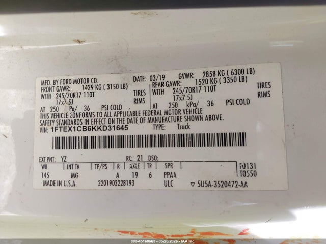 2019 Ford F-150 Xlt მანქანა იყიდება აუქციონზე, vin: 1FTEX1CB6KKD31645, აუქციონის ნომერი: 45160663