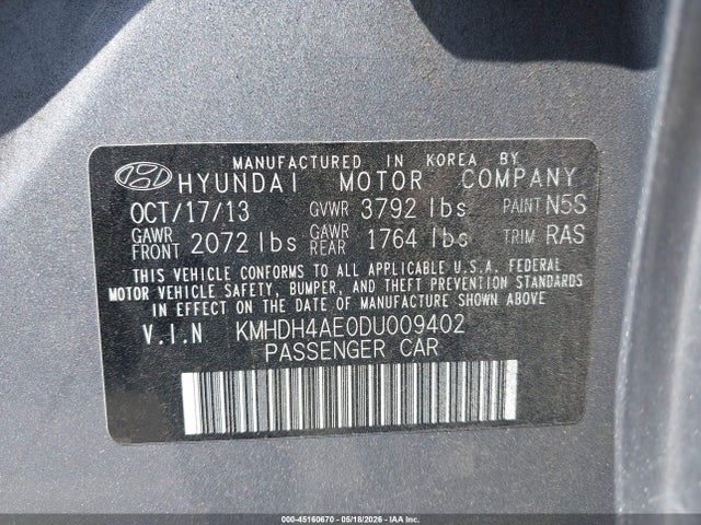 Продажа на аукционе авто 2013 Hyundai Elantra Gls, vin: KMHDH4AE0DU009402, номер лота: 45160670