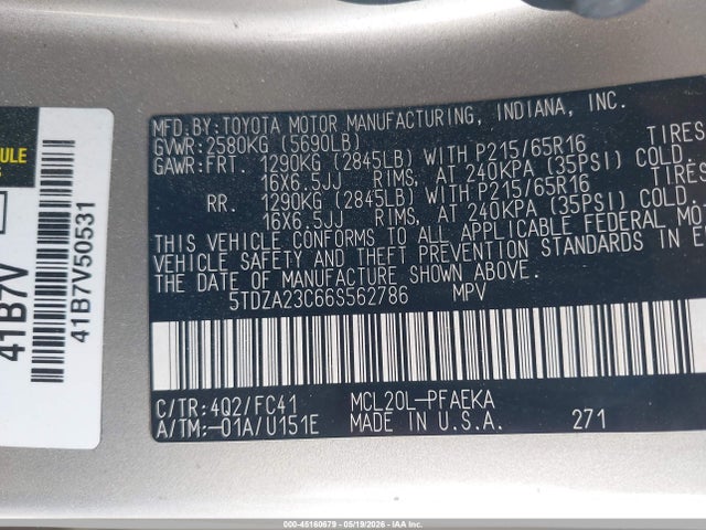 Продаж на аукціоні авто 2006 Toyota Sienna Le, vin: 5TDZA23C66S562786, номер лоту: 45160679