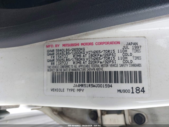 Продаж на аукціоні авто 1998 Mitsubishi Montero, vin: JA4MR51R5WJ001594, номер лоту: 45160682