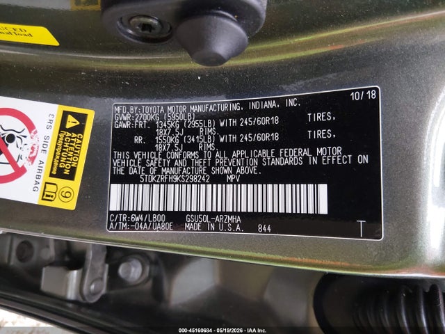 45160684 :رقم المزاد ، 5TDKZRFH9KS298242 vin ، 2019 Toyota Highlander Xle مزاد بيع