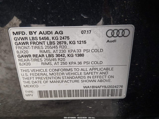 2018 Audi Q5 2.0t Premium მანქანა იყიდება აუქციონზე, vin: WA1BNAFY9J2024276, აუქციონის ნომერი: 45160686