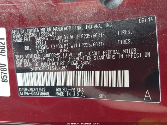 5TDYK3DC4ES497397 Toyota Sienna Xle V6 8 Passenger