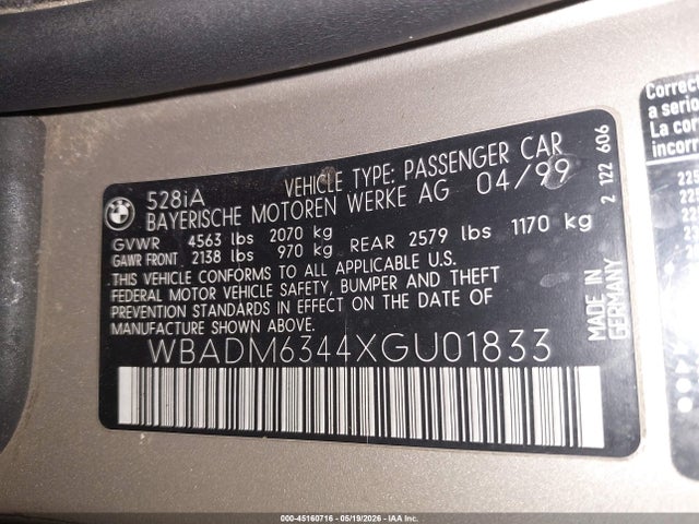 Продаж на аукціоні авто 1999 Bmw 528ia, vin: WBADM6344XGU01833, номер лоту: 45160716