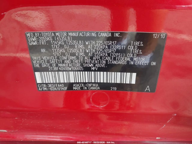 Aukcja sprzedaży 2011 Toyota Rav4, vin: 2T3BF4DVXBW106605, numer aukcji: 45160717