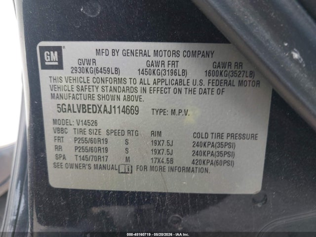 45160719 :رقم المزاد ، 5GALVBEDXAJ114669 vin ، 2010 Buick Enclave 1xl مزاد بيع