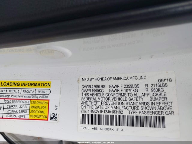 45160721 :رقم المزاد ، 1HGCV1F12JA183192 vin ، 2018 Honda Accord Lx مزاد بيع