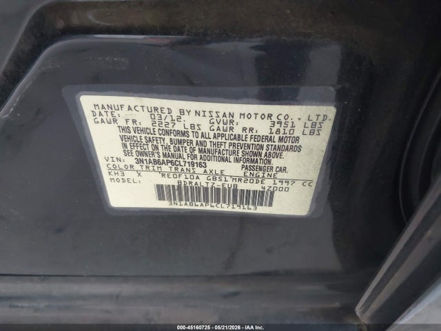 Aukcja sprzedaży 2012 Nissan Sentra 2.0 Sr, vin: 3N1AB6AP6CL719163, numer aukcji: 45160725