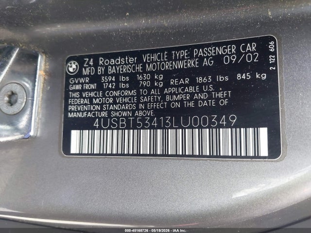 Продажа на аукционе авто 2003 Bmw Z4 3.0i, vin: 4USBT53413LU00349, номер лота: 45160726