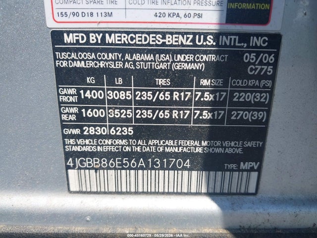Продажа на аукционе авто 2006 Mercedes-benz Ml 350 4matic, vin: 4JGBB86E56A131704, номер лота: 45160729