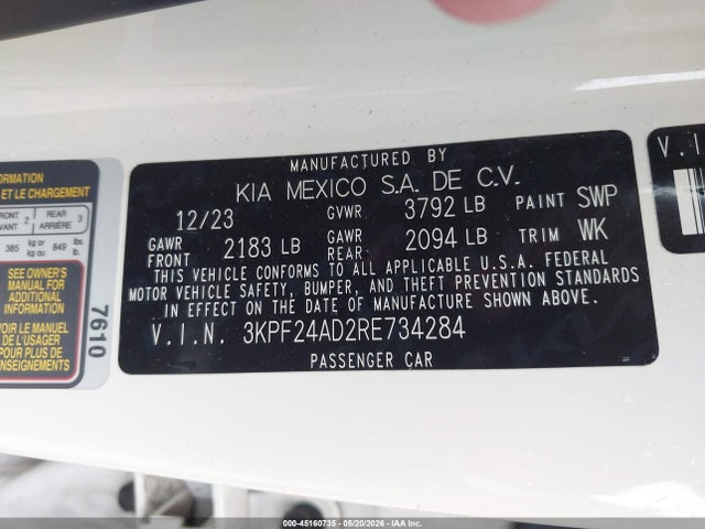 Продаж на аукціоні авто 2024 Kia Forte Lxs, vin: 3KPF24AD2RE734284, номер лоту: 45160735