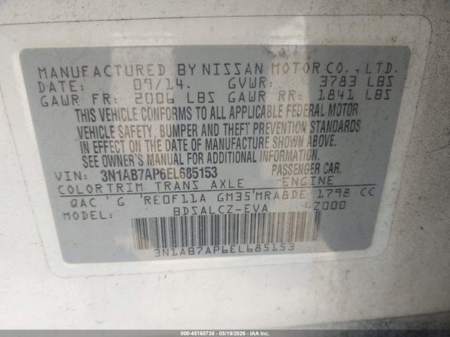 Aukcja sprzedaży 2014 Nissan Sentra S, vin: 3N1AB7AP6EL685153, numer aukcji: 45160738