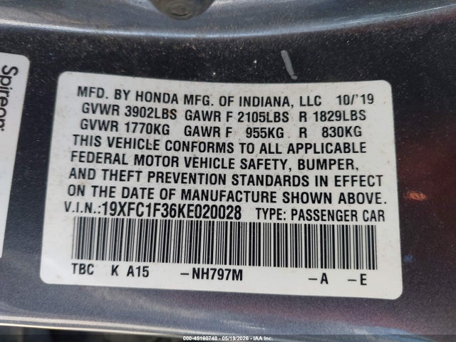 Honda CIVIC EX 2019 19XFC1F36KE020028 Image 9