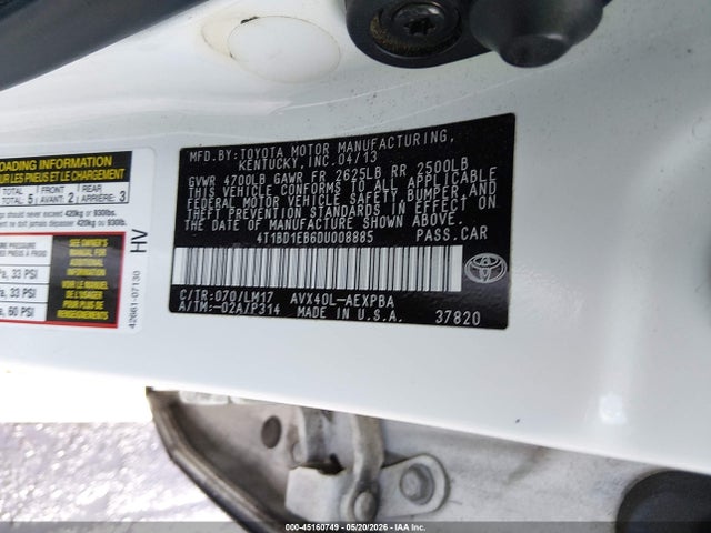 45160749 :رقم المزاد ، 4T1BD1EB6DU008885 vin ، 2013 Toyota Avalon Hybrid Limited مزاد بيع