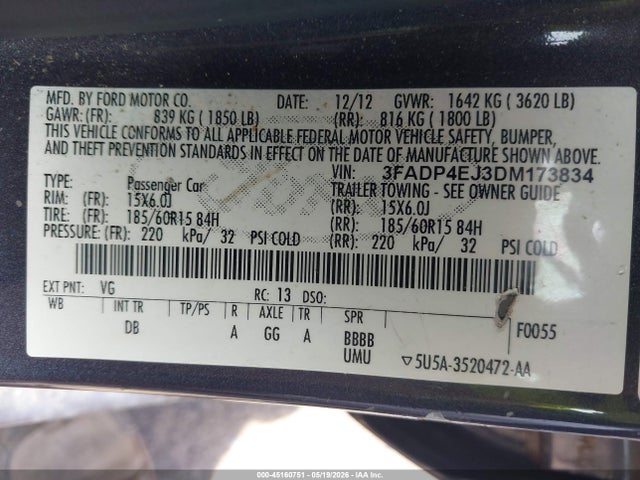 Продажа на аукционе авто 2013 Ford Fiesta Se, vin: 3FADP4EJ3DM173834, номер лота: 45160751