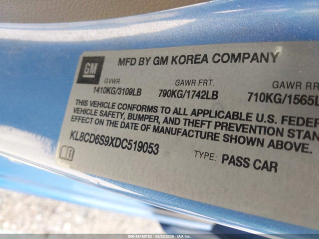 45160752 :رقم المزاد ، KL8CD6S9XDC519053 vin ، 2013 Chevrolet Spark 1lt Auto مزاد بيع